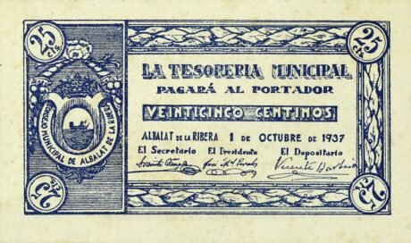 Аверс банкноты 25 сантимов Альбалат де ла Рибера (Испания) 1937 года