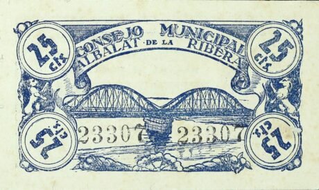 Реверс банкноты 25 сантимов Альбалат де ла Рибера (Испания) 1937 года