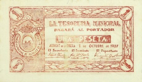 Аверс банкноты 1 песета Альбалат де ла Рибера (Испания) 1937 года