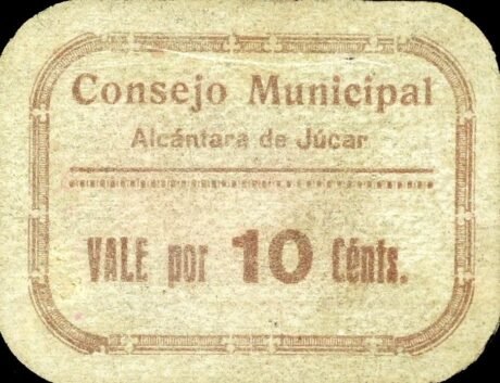 Аверс банкноты 10 сантимов Алькантара-де-Хукар (Испания)