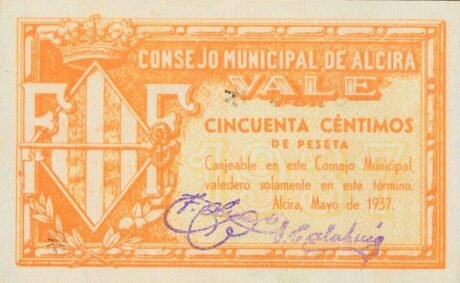 Аверс банкноты 50 сантимов Альсира (Испания) 1937 года