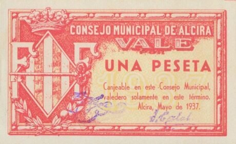 Аверс банкноты 1 песета Альсира (Испания) 1937 года