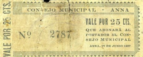 Аверс банкноты 25 centymów Anna (Hiszpania) 1937