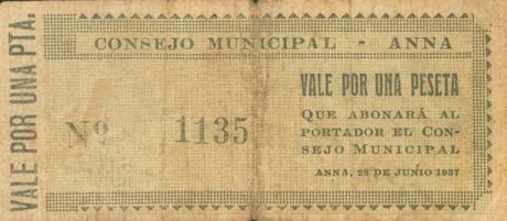 Аверс банкноты 1 песета Анна (Испания) 1937 года