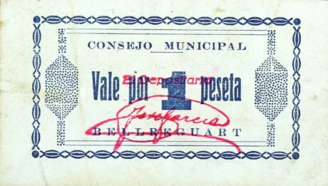 Аверс банкноты 1 песета Бельрегуарт (Испания)