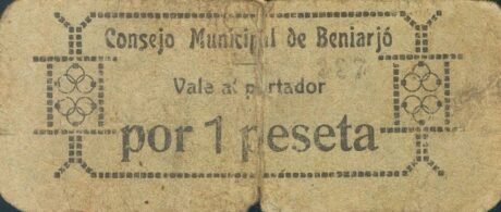 Аверс банкноты 1 peseta Beniardo (Spain)