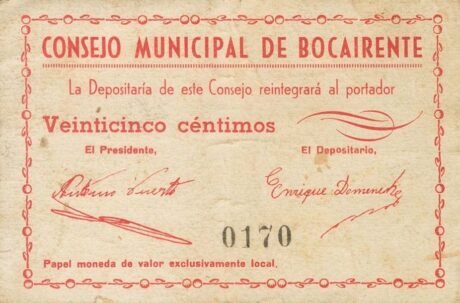 Аверс банкноты 25 сантимов Бокайренте (Испания)