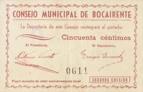 Аверс банкноты 50 сантимов Бокайренте (Испания)