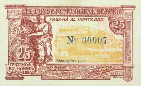 Аверс банкноты 25 сантимов Буньоль (Испания) 1937 года