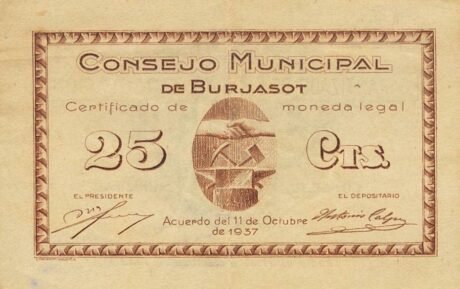 Аверс банкноты 25 сантимов Буржасот (Испания) 1937 года