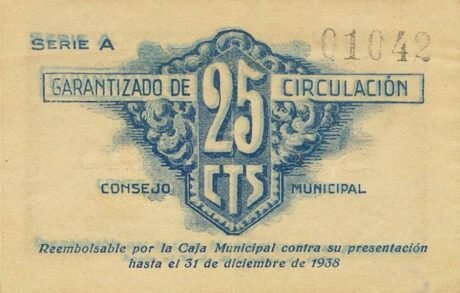 Реверс банкноты 25 сантимов Буржасот (Испания) 1937 года