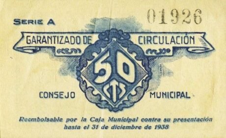 Реверс банкноты 50 сентимо Буржасот (Испания) 1937 года