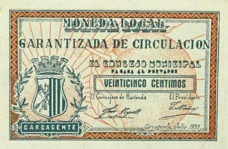 Аверс банкноты 25 сантимов Каркадженте (Испания) 1937 года