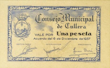 Аверс банкноты 1 песета Кульера (Испания) 1937 года