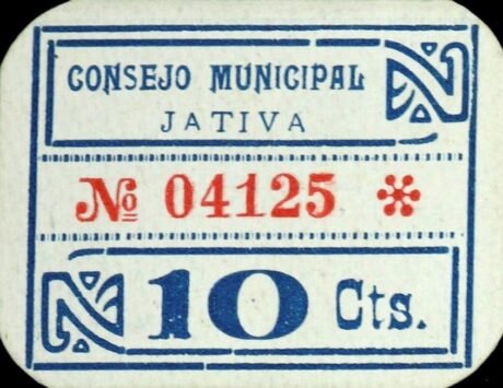 Аверс банкноты 10 centimes Xativa (Hiszpania)