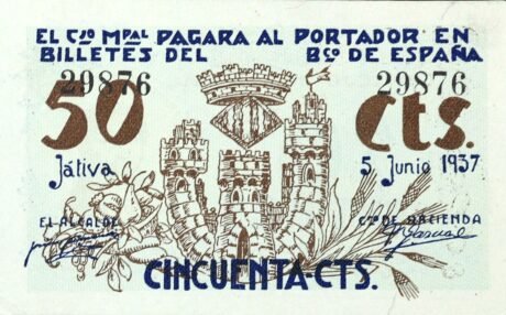 Аверс банкноты 50 сантимов Хатива (Испания)