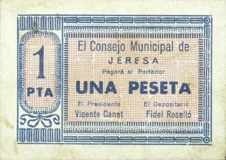 Аверс банкноты 1 peseta z Jerez (Hiszpania)