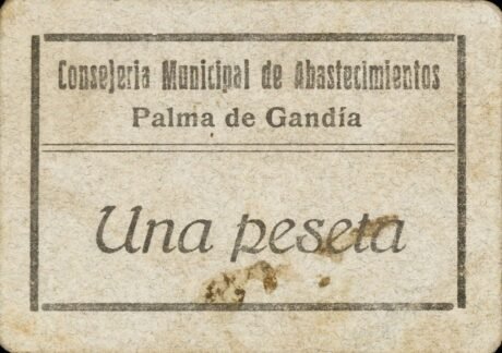 Аверс банкноты 1 песета Пальма де Гандия (Испания)