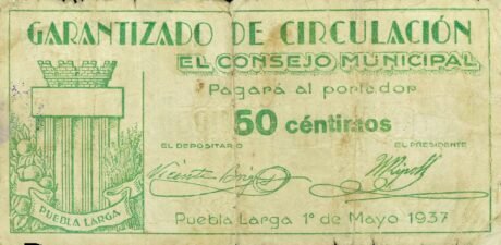 Аверс банкноты 50 сантимов Пуэбла Ларга (Испания) 1937 года