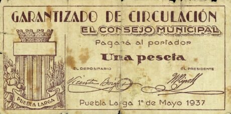 Аверс банкноты 1 Peseta Puebla Larga (Hiszpania) 1937