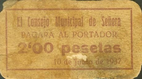 Аверс банкноты 2 песеты сеньера (Испания) 1937 года