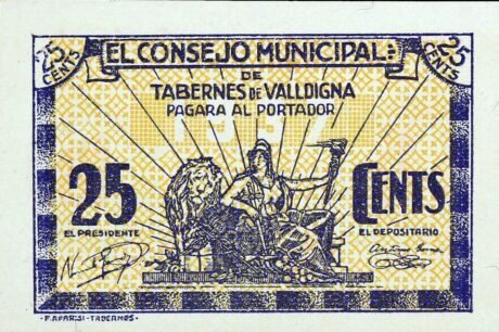 Аверс банкноты 25 сантимов Табернес де Вальдинья (Испания) 1937 года