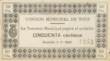 Аверс банкноты 50 сантимов Тоус (Испания) 1937 года