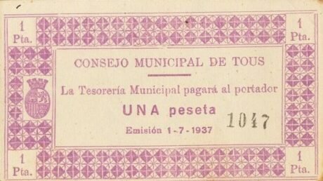 Аверс банкноты 1 песета Тус (Испания) 1937 года