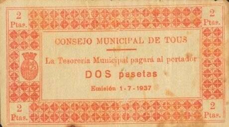 Аверс банкноты 2 песеты Тус (Испания) 1937 года