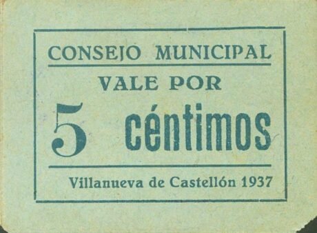 Аверс банкноты 5 сантимов Вильянуэва де Кастельон (Испания) 1937 года