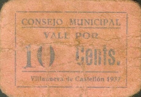 Awers banknotu 10 centymów Villanueva de Castellon (Hiszpania) 1937