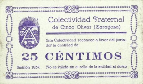 Аверс банкноты 25 сантимов Синко Оливас (Испания) 1937 года