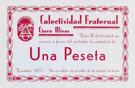 Аверс банкноты 1 peseta Cinco Olivas (Hiszpania) 1937