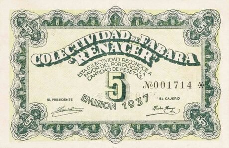 Аверс банкноты 5 pesetas Fabara (Spain) 1937