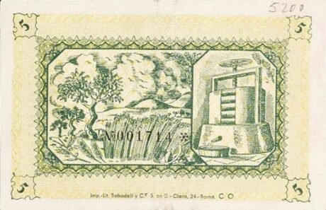 Реверс банкноты 5 pesetas Fabara (Spain) 1937