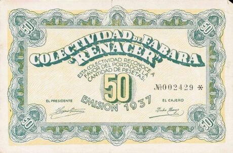 Awers banknotu 50 peset Fabara (Hiszpania) 1937
