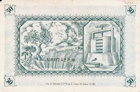 Rewers banknotu 50 peset Fabara (Hiszpania) 1937