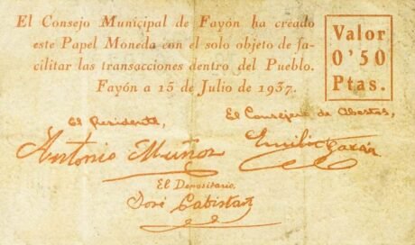 Реверс банкноты 50 сантимов Файон (Испания) 1937 года