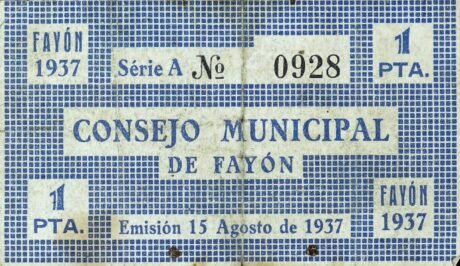 Аверс банкноты 1 peseta Fayón (Spain) 1937