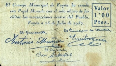 Реверс банкноты 1 peseta Fayón (Spain) 1937