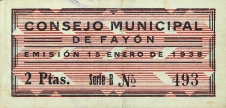 Аверс банкноты 2 песеты Файон (Испания) 1938 года