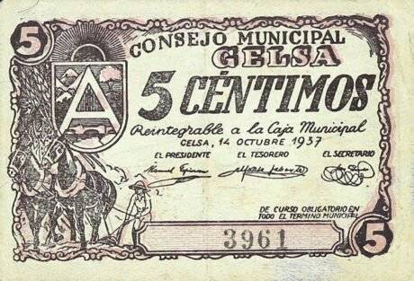 Аверс банкноты 5 centymów Gelsa (Hiszpania) 1937