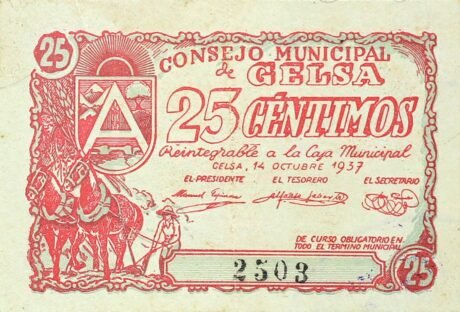 Аверс банкноты 25 centymów Gelsa (Hiszpania) 1937