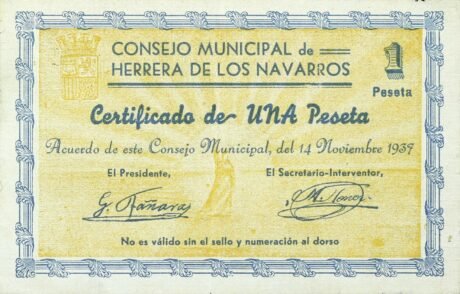 Аверс банкноты 1 peseta Herrera de los Navarros (Hiszpania) 1937