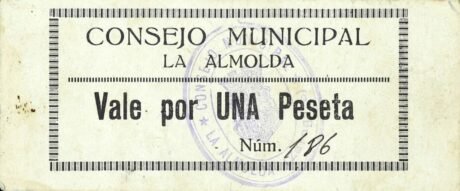 Аверс банкноты 1 peseta La Almolda (Spain)