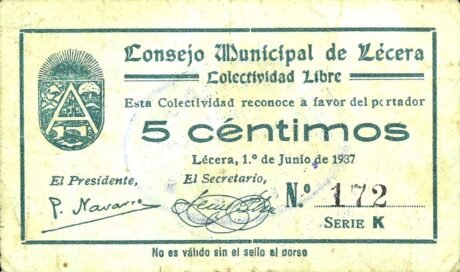 Аверс банкноты 5 сантимов Лесера (Испания) 1937 года