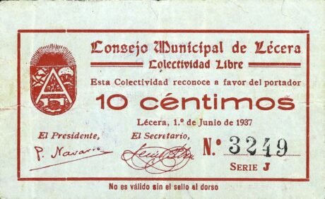 Аверс банкноты 10 сантимов Лесера (Испания) 1937 года