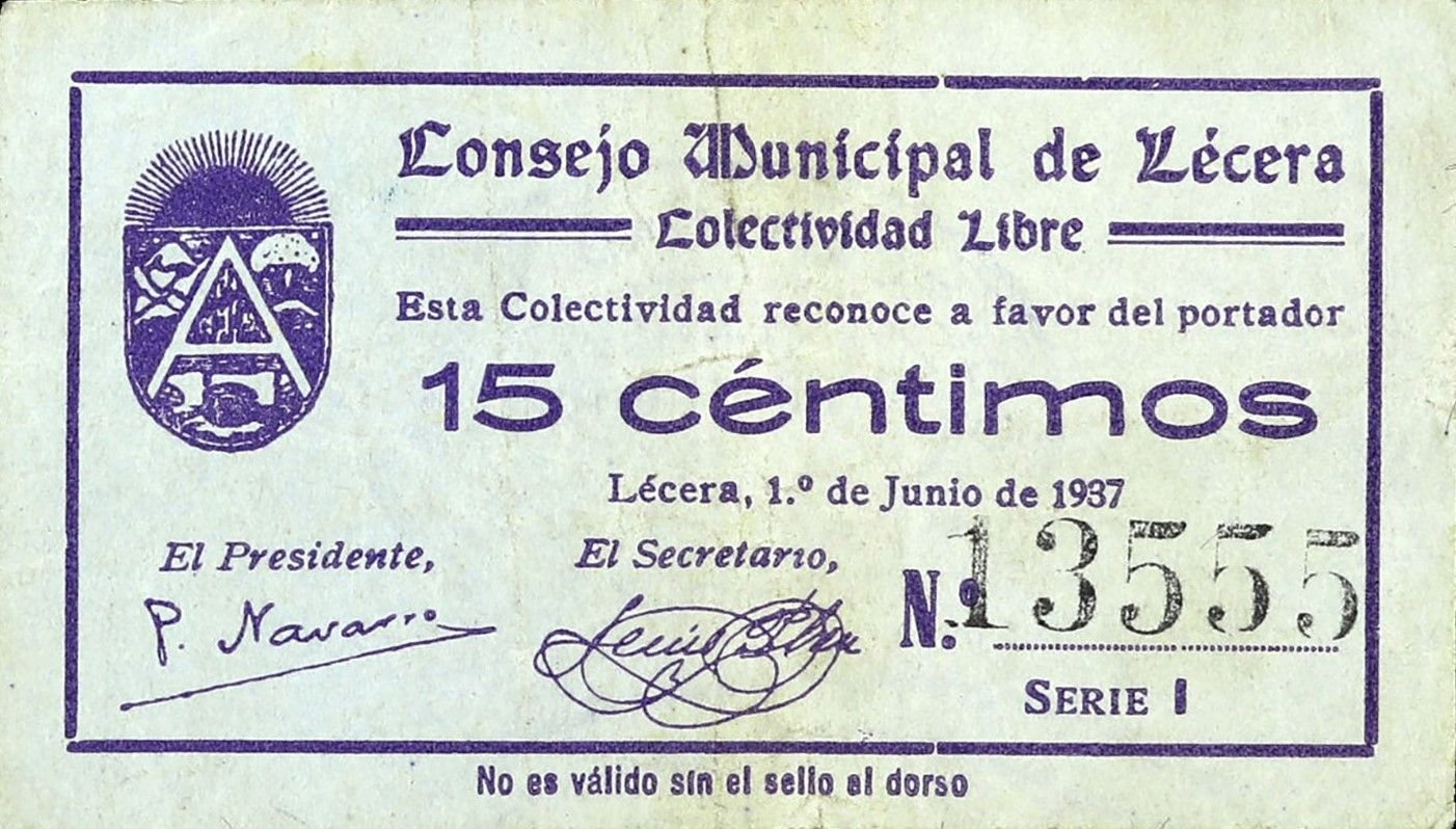 Аверс банкноты 15 сантимов Лесера (Испания) 1937 года