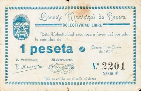 Аверс банкноты 1 песета Лесера (Испания) 1937 года