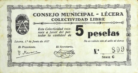 Аверс банкноты 5 песет Лесера (Испания) 1937 года